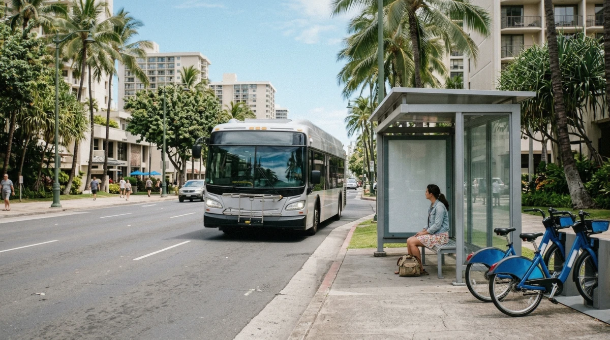 TheBus and Waikiki street traffic on a how to get around Honolulu without a car guide, Honolulu city tour, Oahu, Hawaii