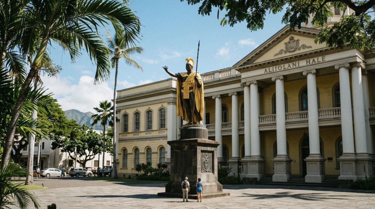 The gilded King Kamehameha statue before Aliiolani Hale, a stop covered by guided Honolulu city tours and the downtown walk