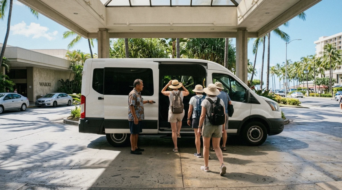 A traveler comparing Honolulu tour package options on a booking page in Waikiki, Oahu, Hawaii