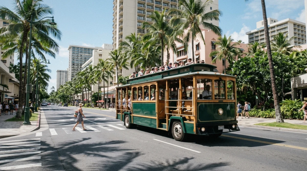 An open-air Waikiki trolley hop on hop off car stopped for boarding on a Honolulu city tour route, Oahu, Hawaii