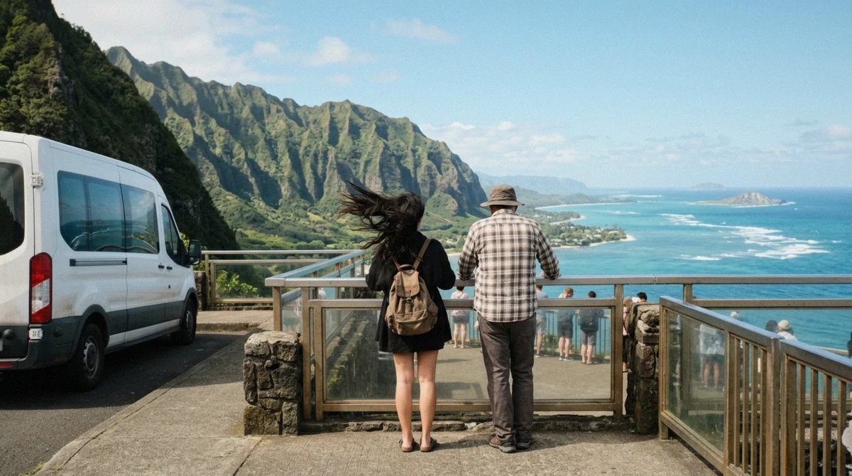 Travelers boarding a tour van for a guided Honolulu city tour stop in Waikiki, Oahu, Hawaii